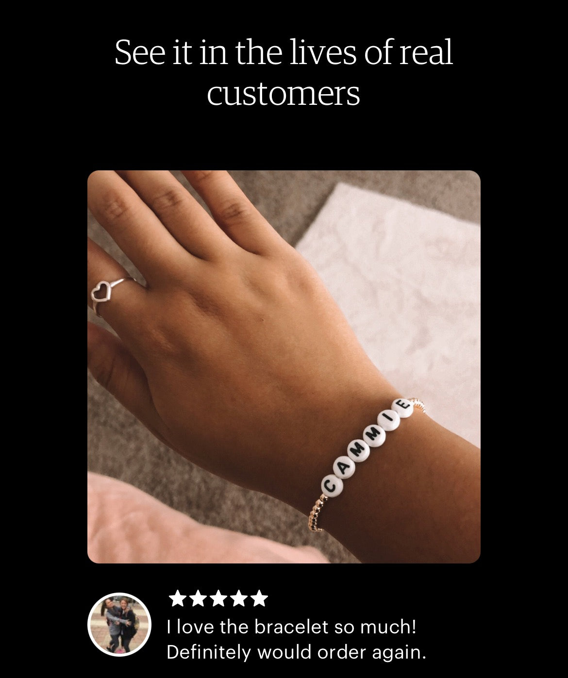 these bracelets are small gold beads with white and black letter beads that are able to spell out whatever you decide.