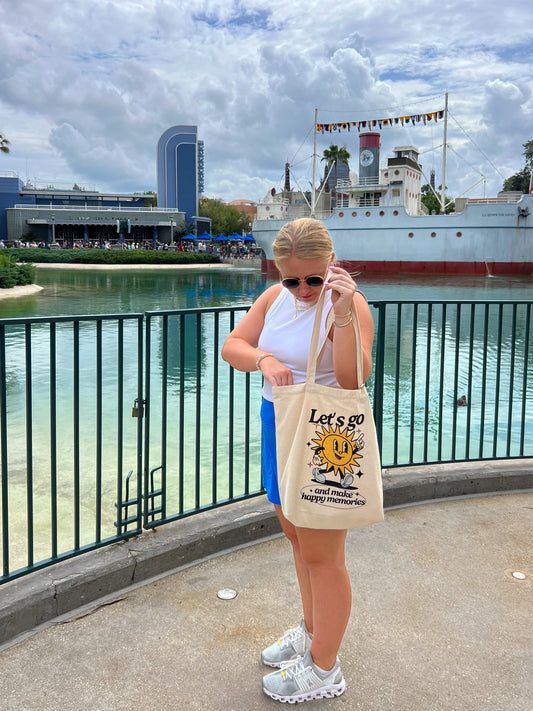 let’s go and make happy memories tote bag